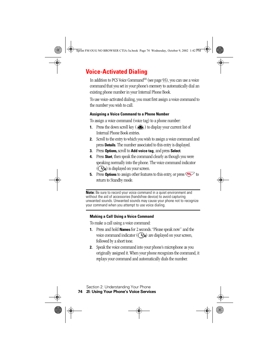 Voice-activated dialing, Assigning a voice command to a phone number, Making a call using a voice command | Nokia 3585 User Manual | Page 80 / 144