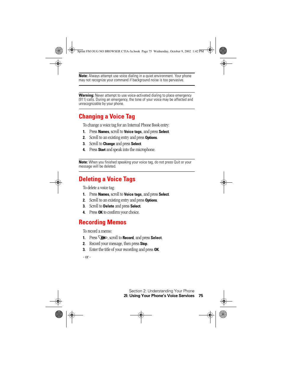 Changing a voice tag, Deleting a voice tags, Recording memos | Nokia 3585 User Manual | Page 81 / 144