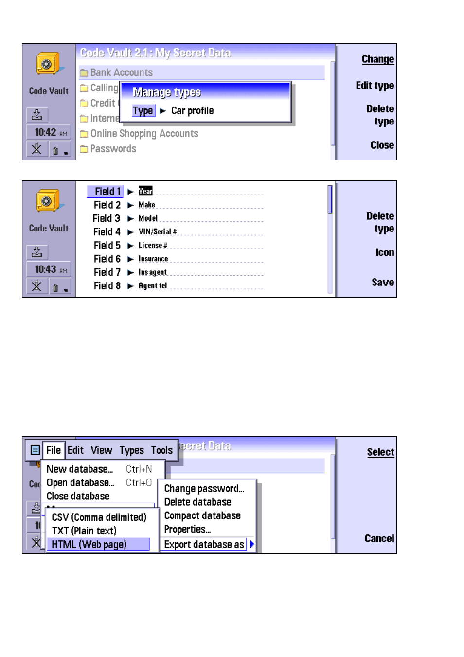 Importing/exporting types, Exporting a database | Nokia Code Vault for the Nokia 9210/9290 Communicator 9210/9290 User Manual | Page 10 / 11