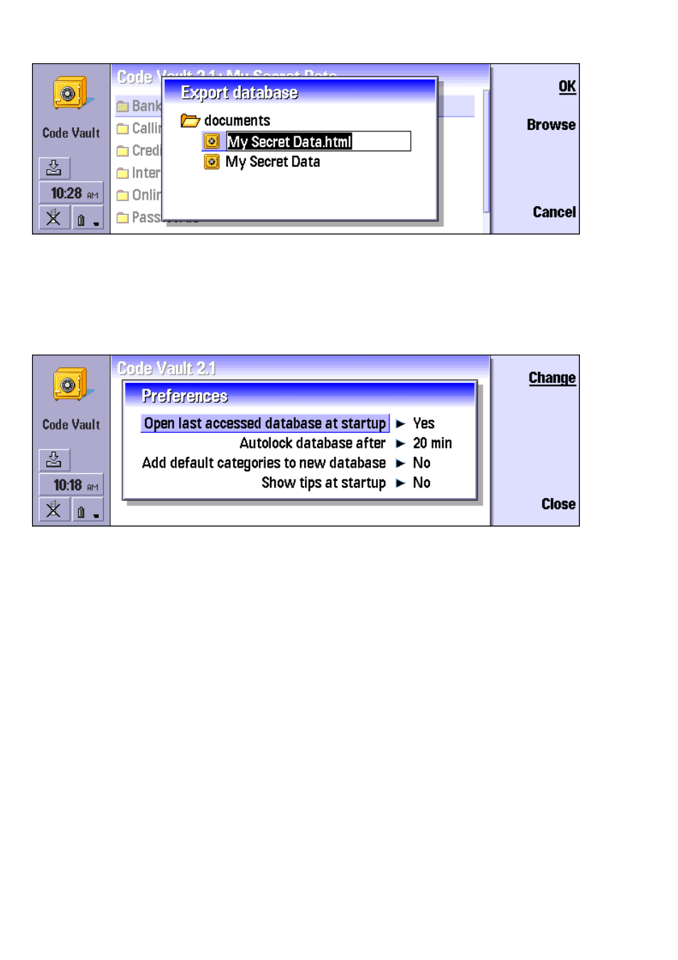 Preferences, Compacting a database | Nokia Code Vault for the Nokia 9210/9290 Communicator 9210/9290 User Manual | Page 11 / 11
