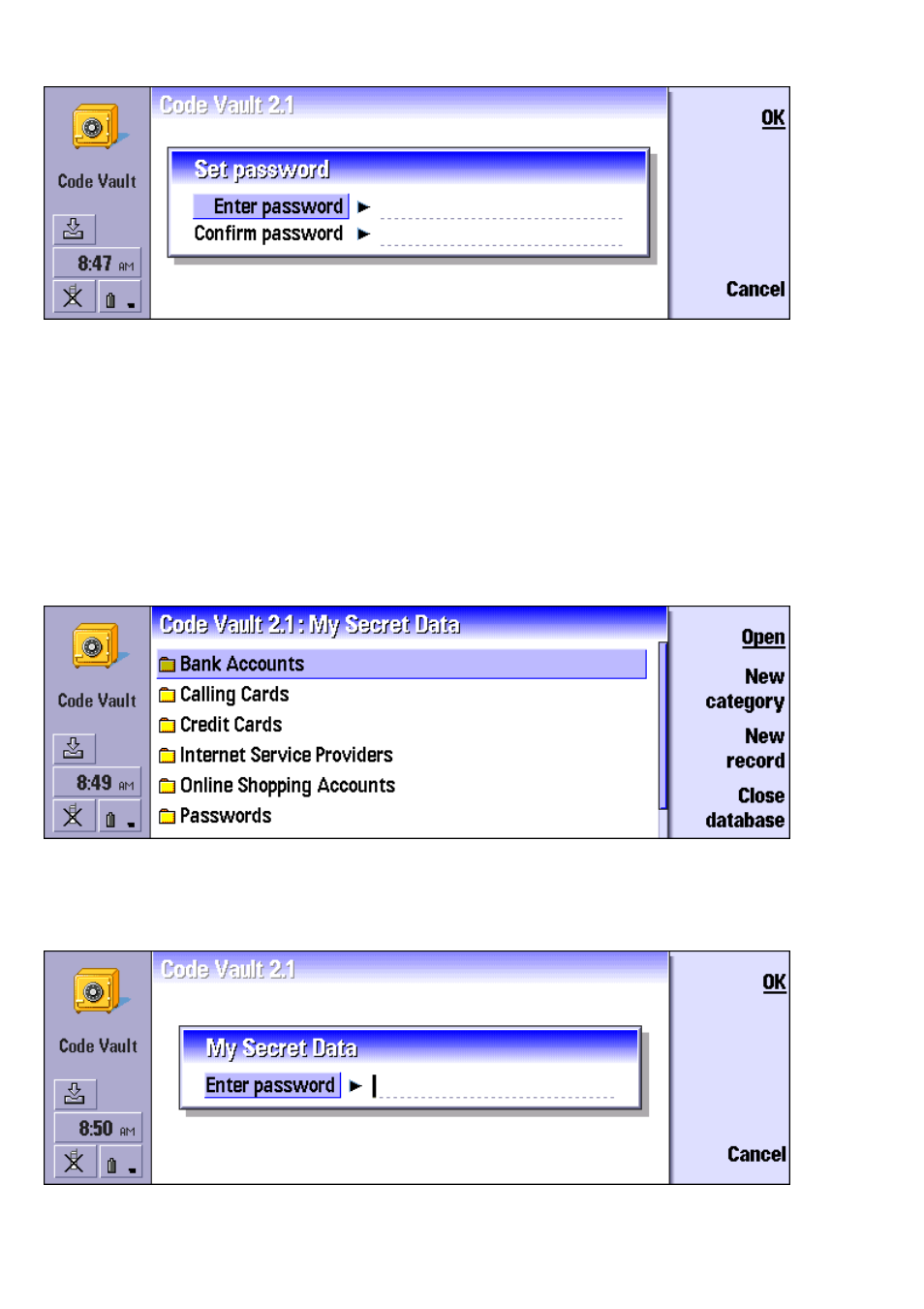 Opening a database | Nokia Code Vault for the Nokia 9210/9290 Communicator 9210/9290 User Manual | Page 4 / 11