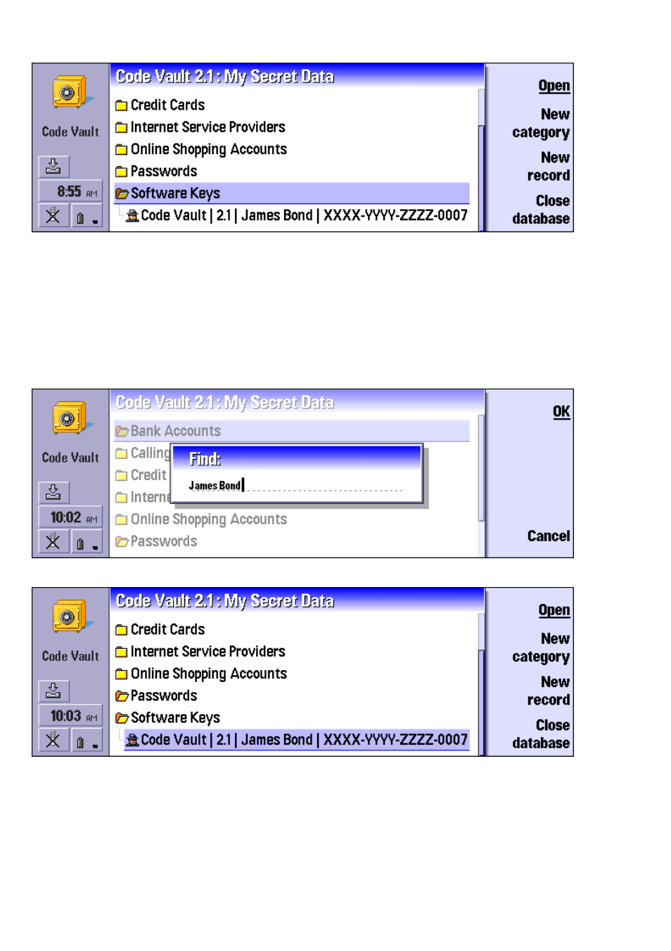 Opening an record, Finding | Nokia Code Vault for the Nokia 9210/9290 Communicator 9210/9290 User Manual | Page 8 / 11