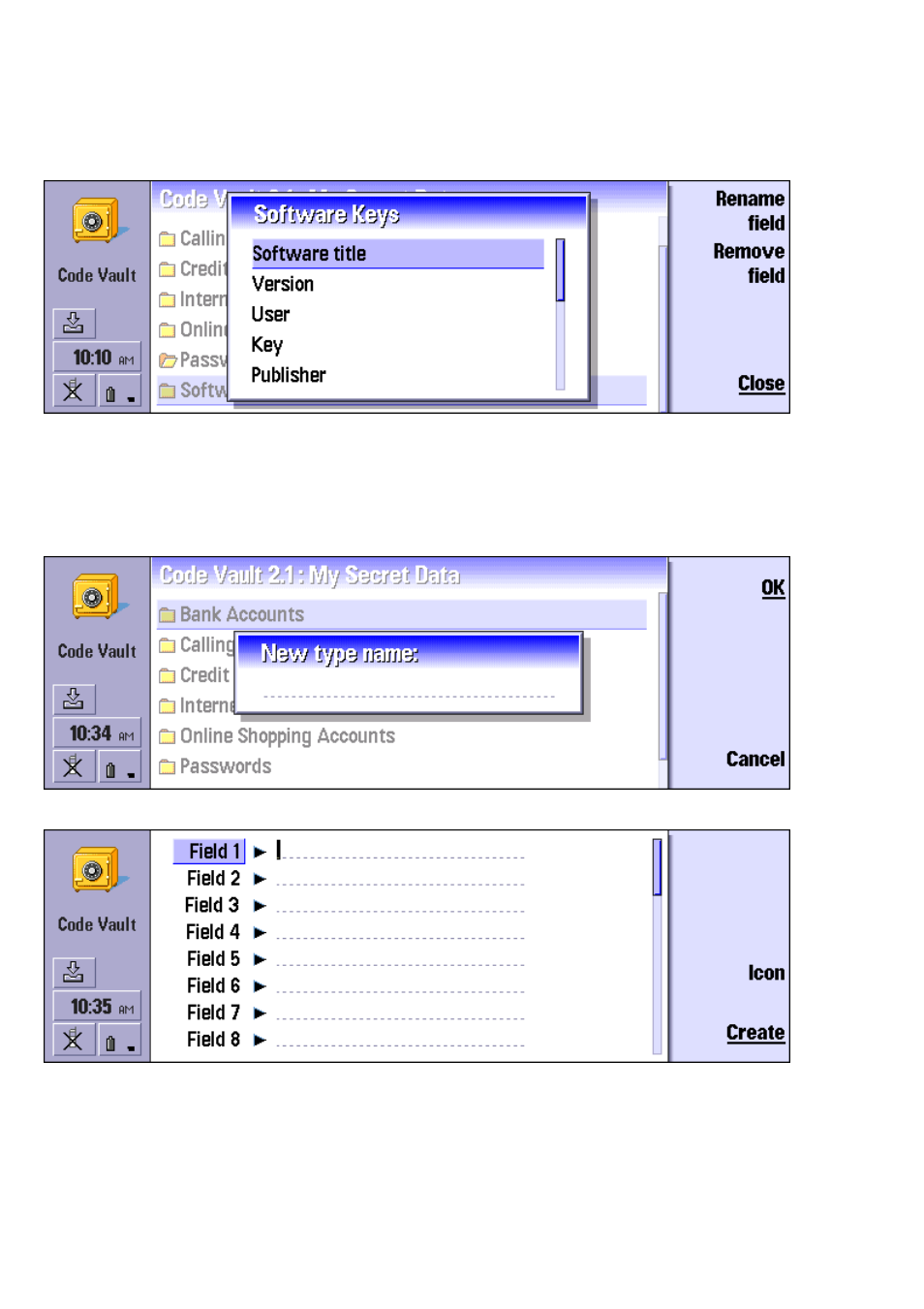 Editing category fields, Adding a new type, Editing types | Nokia Code Vault for the Nokia 9210/9290 Communicator 9210/9290 User Manual | Page 9 / 11