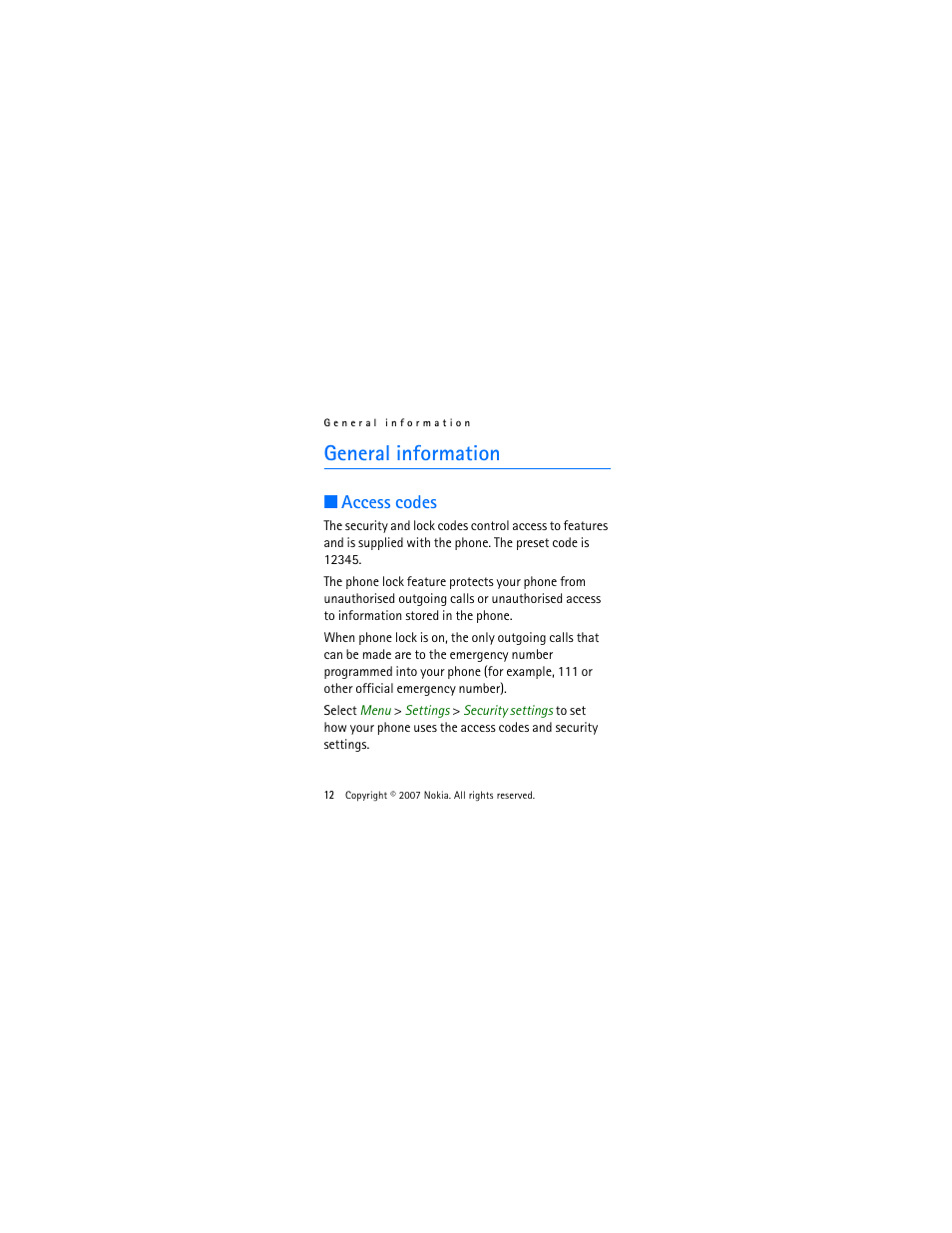 General information, Access codes | Nokia 2505 User Manual | Page 12 / 92