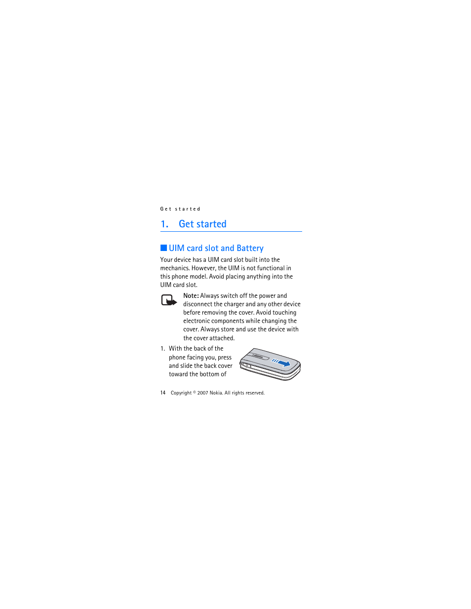 Get started, Uim card slot and battery | Nokia 2505 User Manual | Page 14 / 92