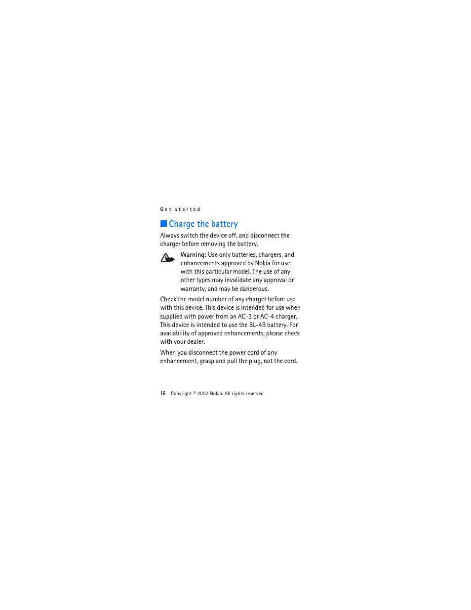 Charge the battery | Nokia 2505 User Manual | Page 16 / 92