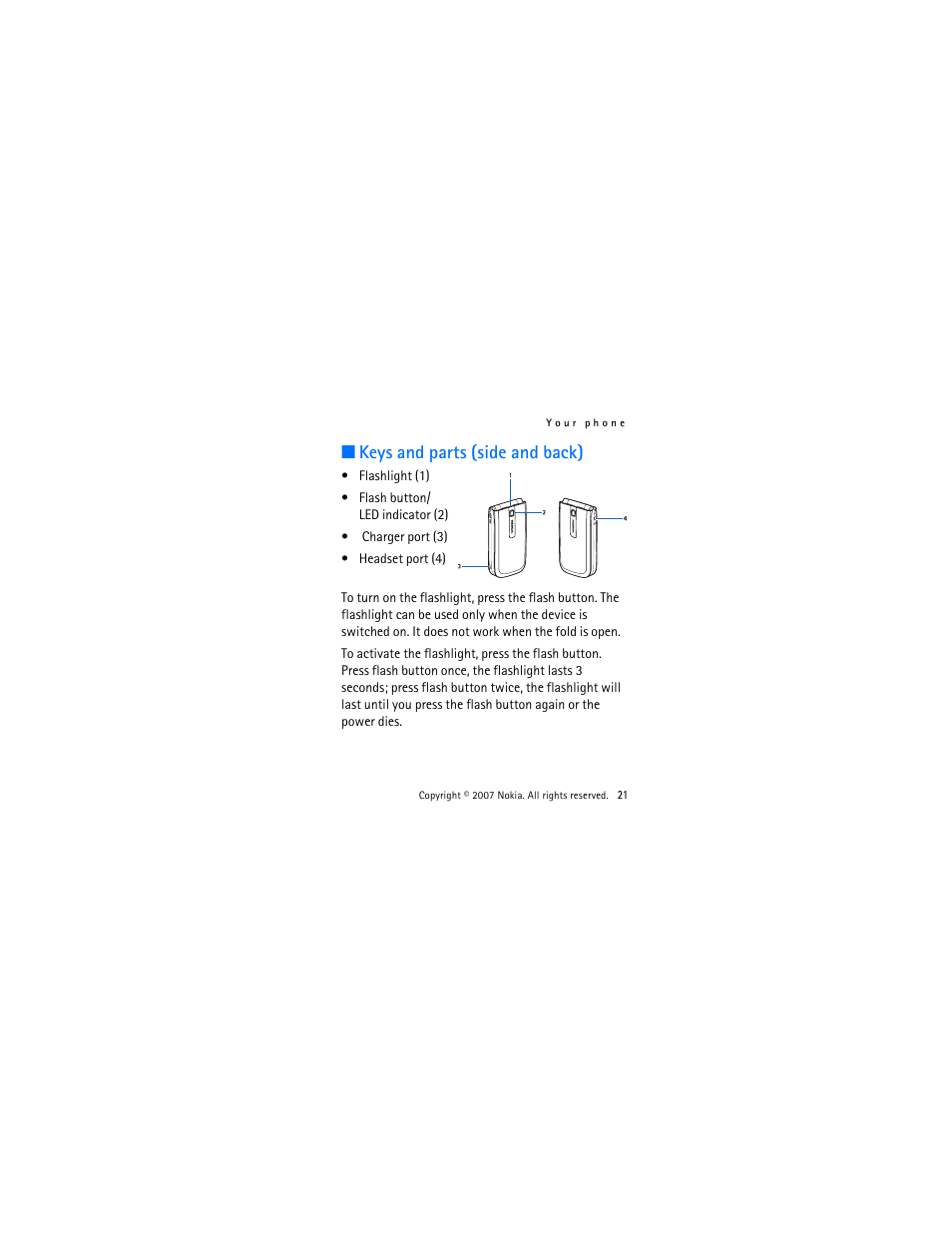 Keys and parts (side and back) | Nokia 2505 User Manual | Page 21 / 92