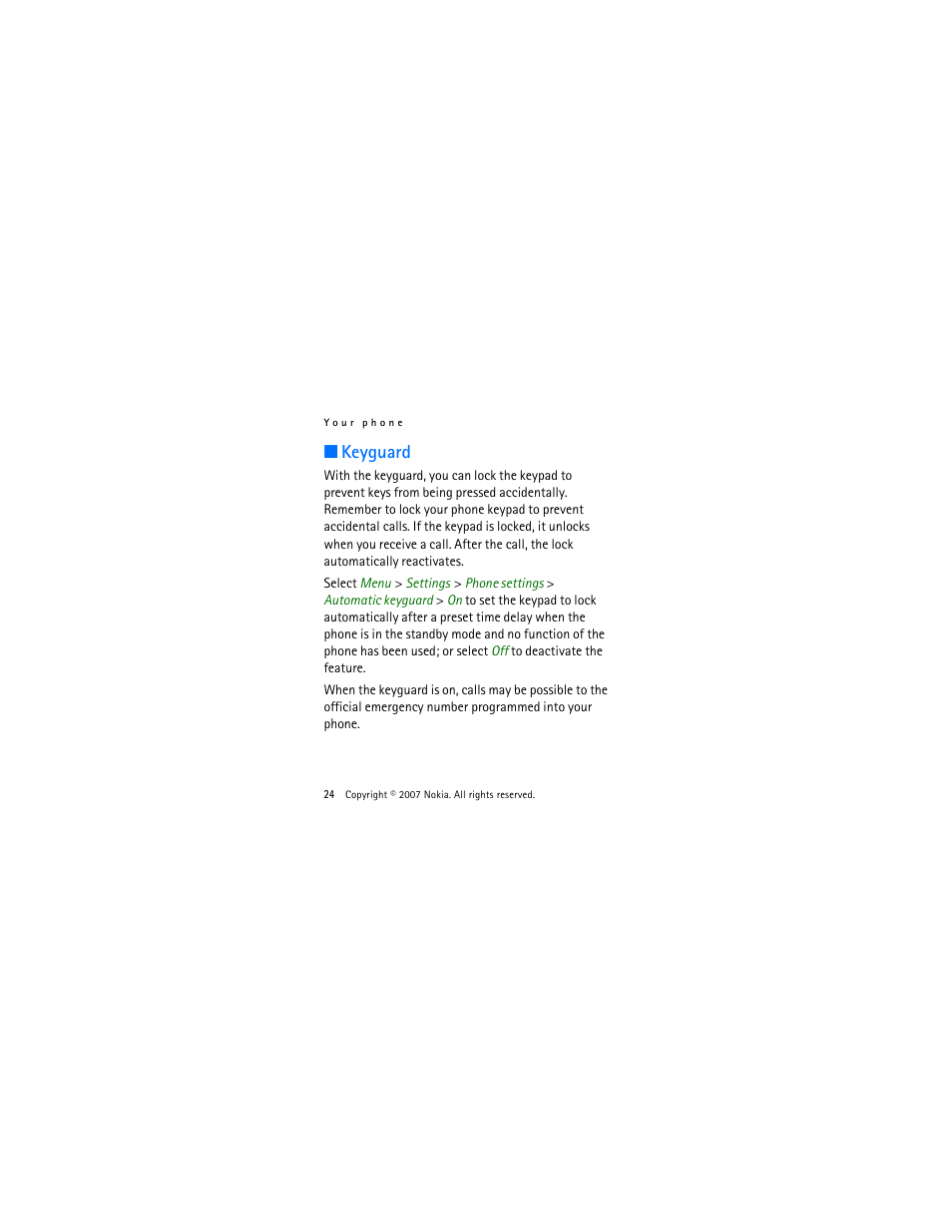 Keyguard | Nokia 2505 User Manual | Page 24 / 92