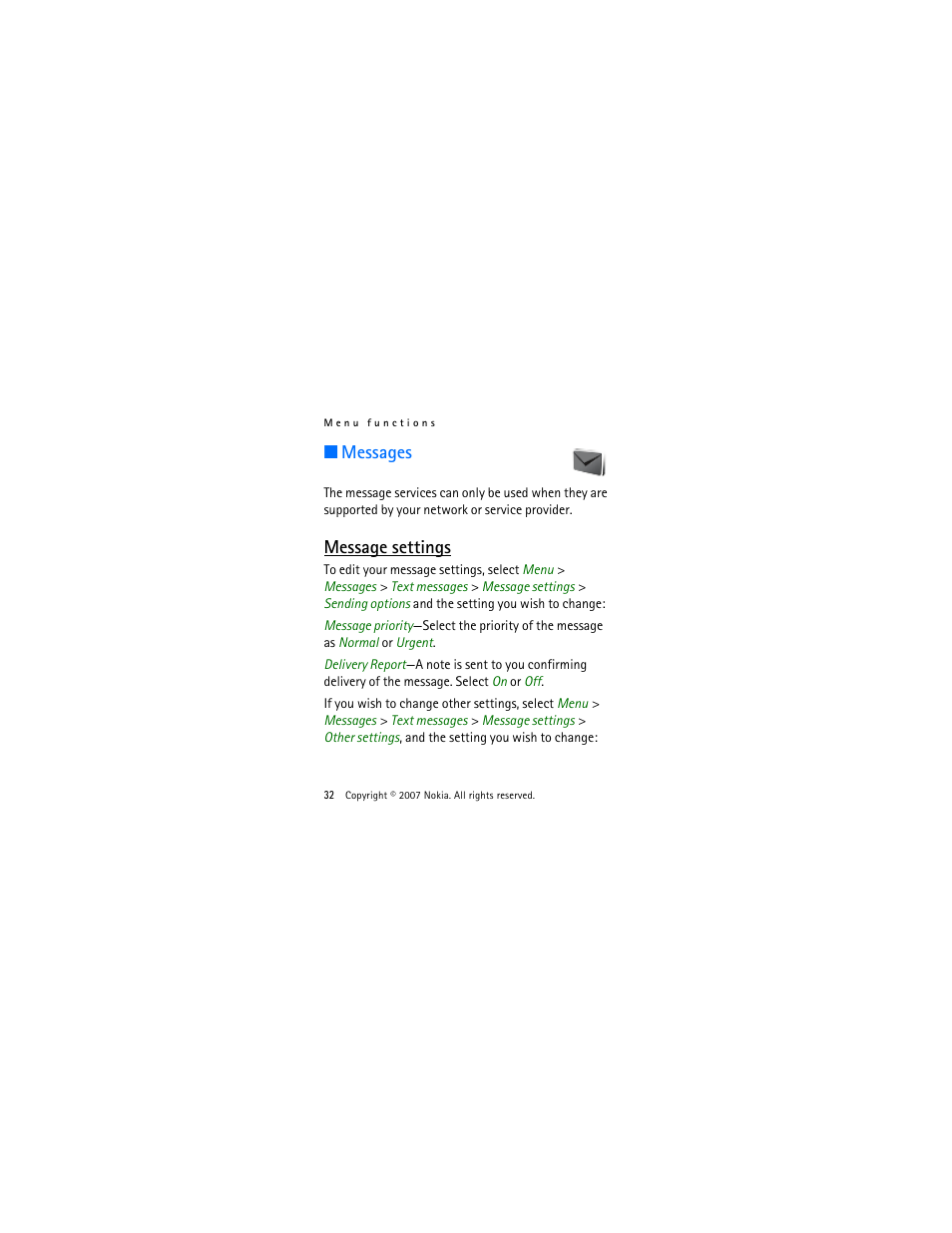 Messages, Message settings | Nokia 2505 User Manual | Page 32 / 92