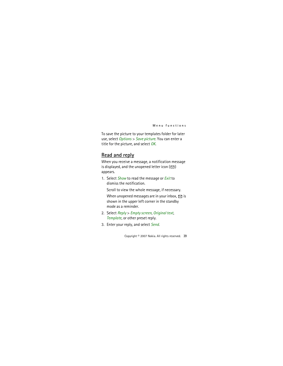 Read and reply | Nokia 2505 User Manual | Page 39 / 92