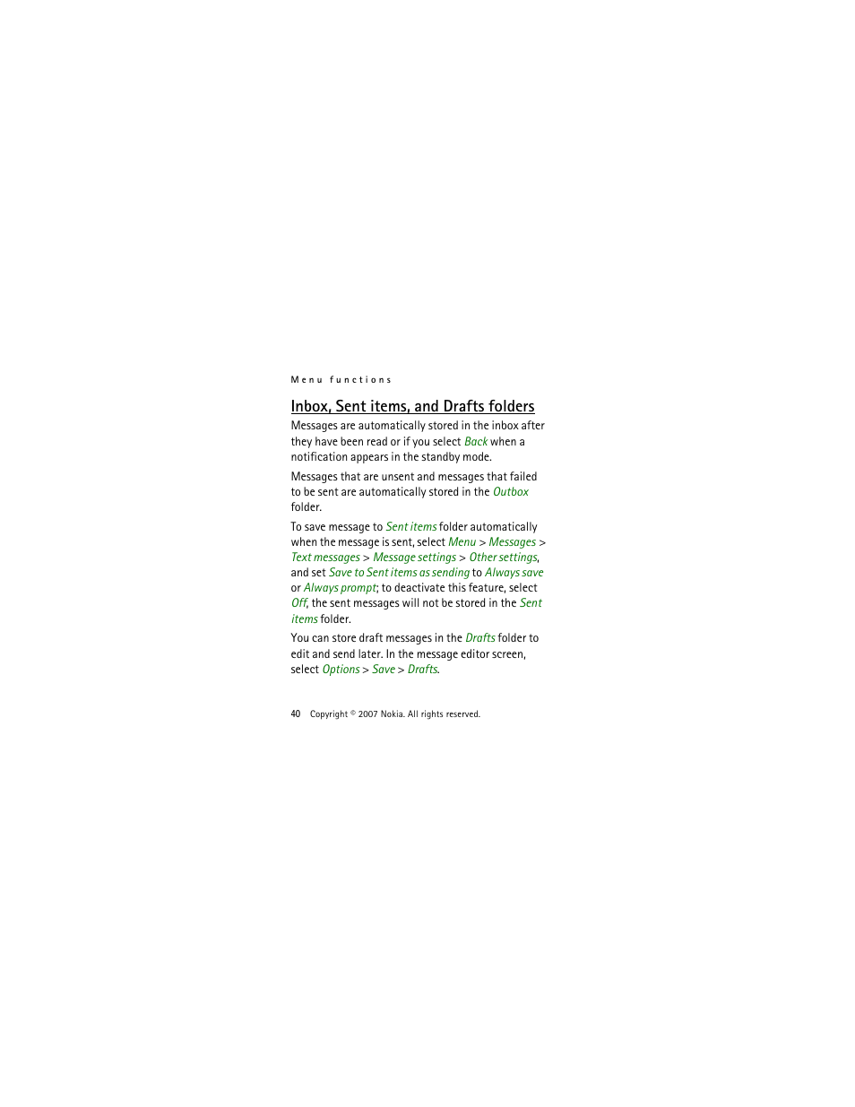 Inbox, sent items, and drafts folders | Nokia 2505 User Manual | Page 40 / 92