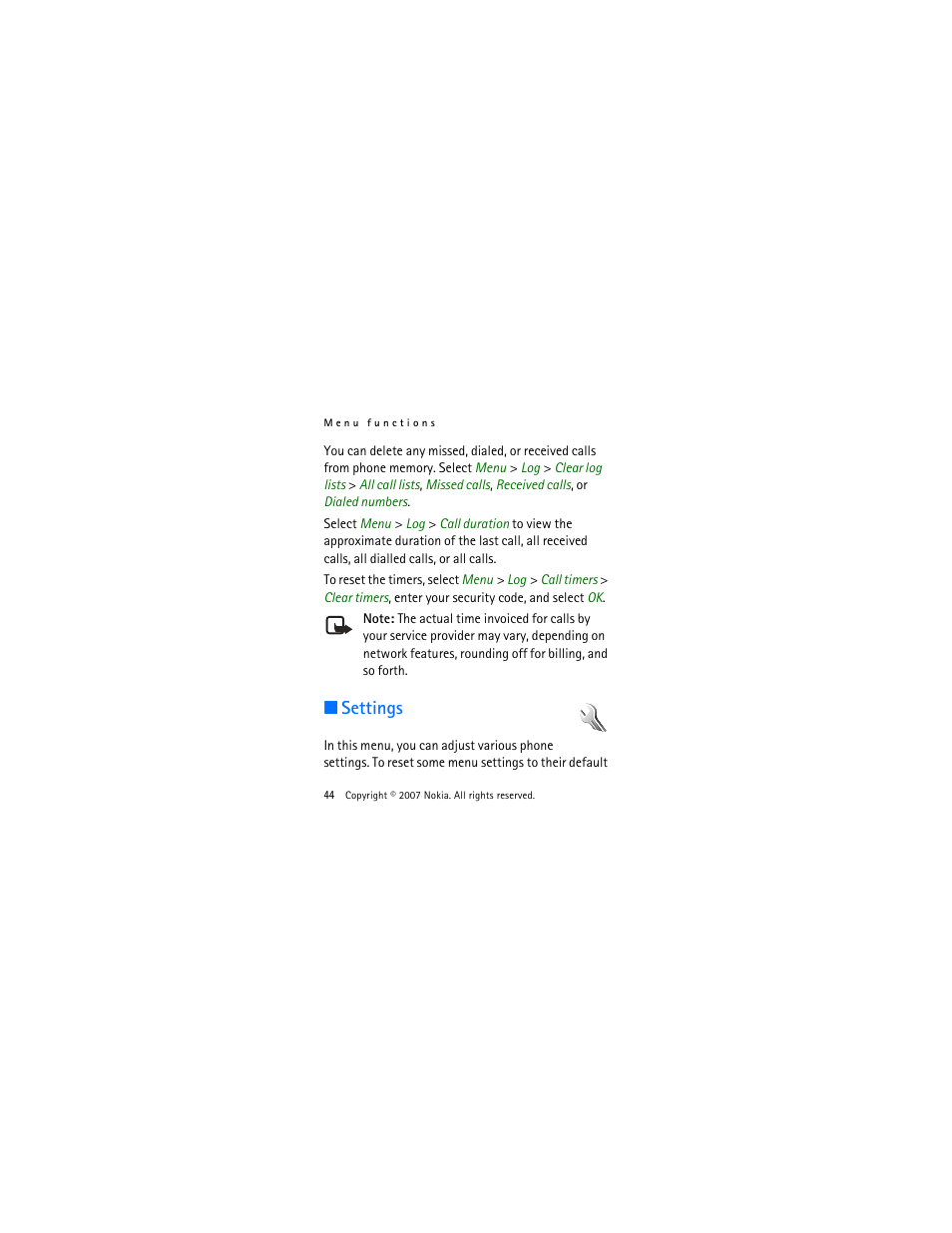 Settings | Nokia 2505 User Manual | Page 44 / 92