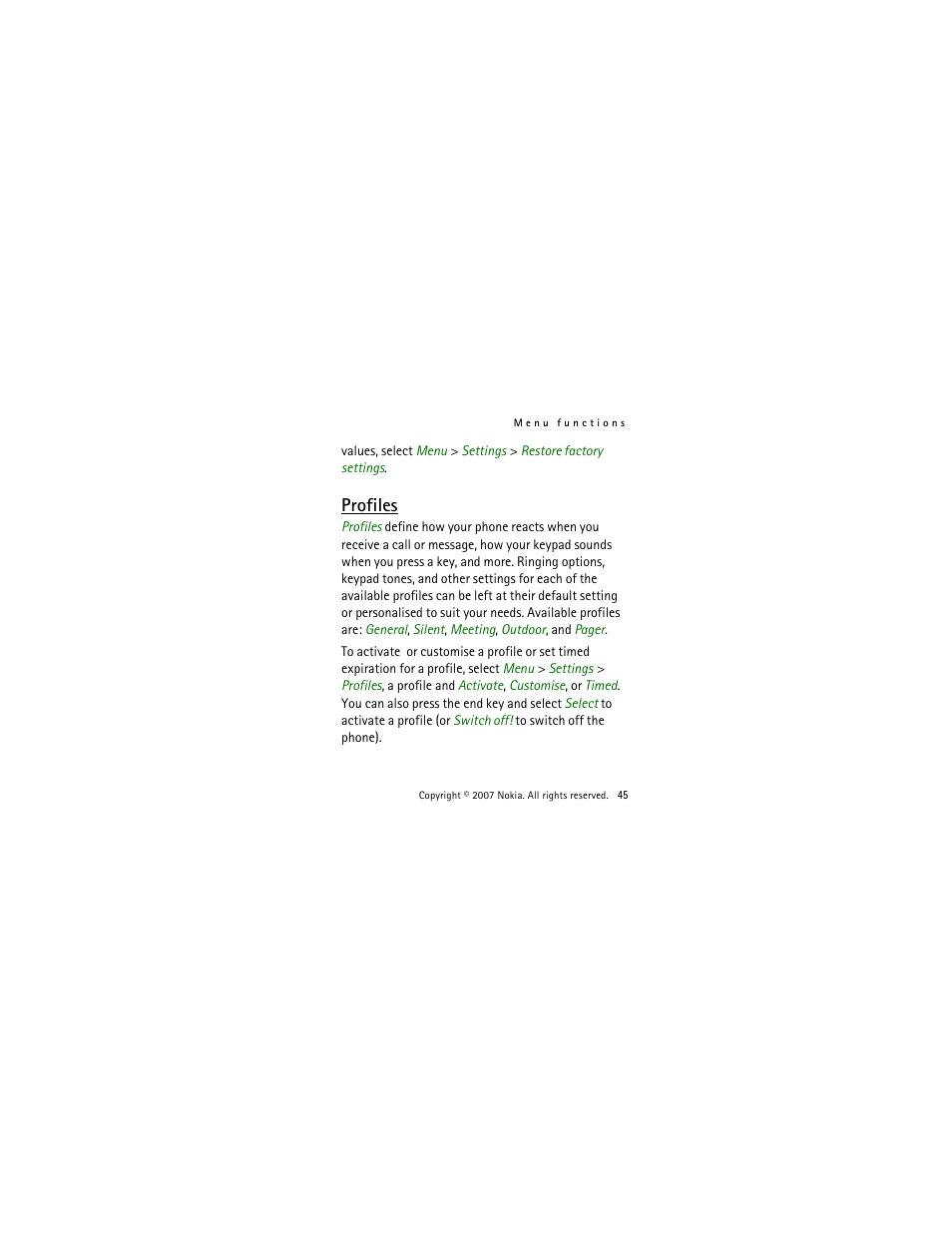 Profiles | Nokia 2505 User Manual | Page 45 / 92
