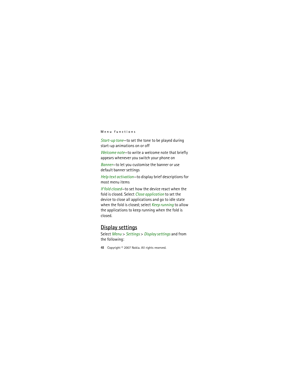 Display settings | Nokia 2505 User Manual | Page 48 / 92