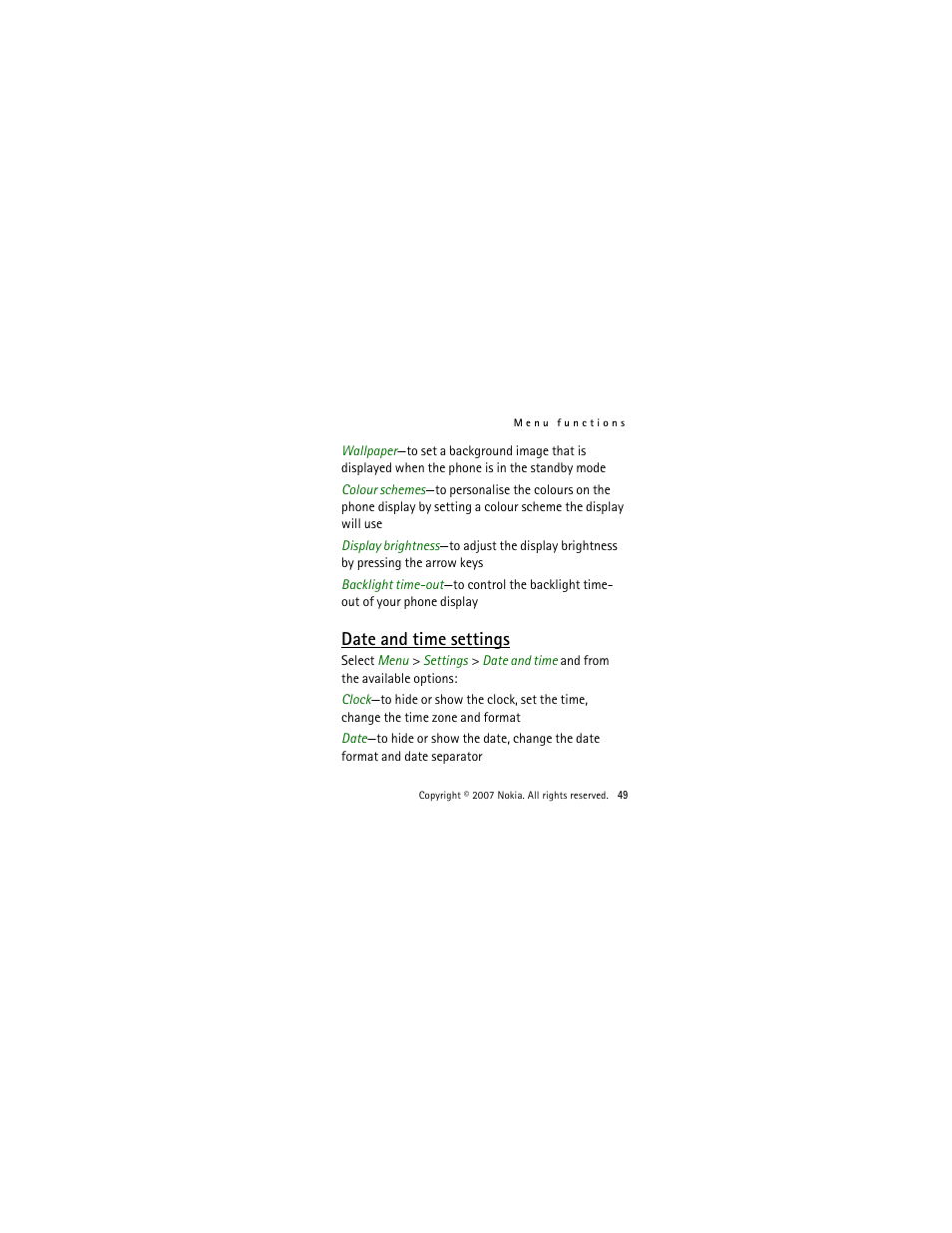 Date and time settings | Nokia 2505 User Manual | Page 49 / 92