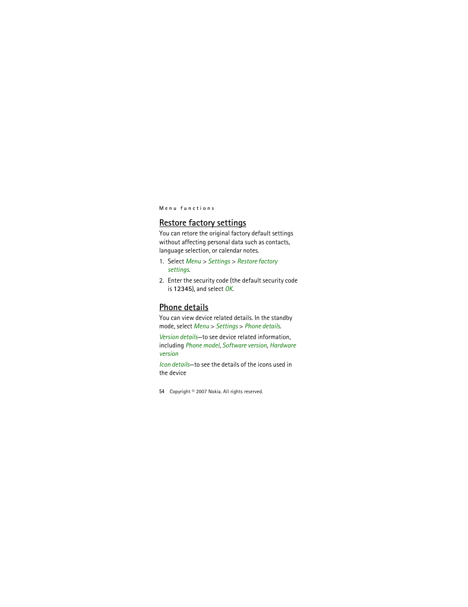 Restore factory settings, Phone details, Restore factory settings phone details | Nokia 2505 User Manual | Page 54 / 92