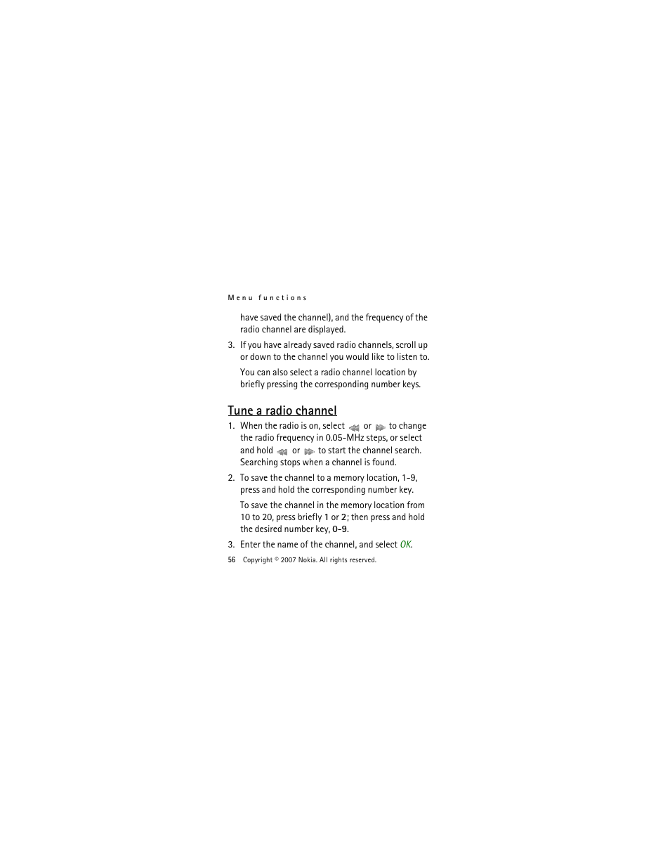 Tune a radio channel | Nokia 2505 User Manual | Page 56 / 92