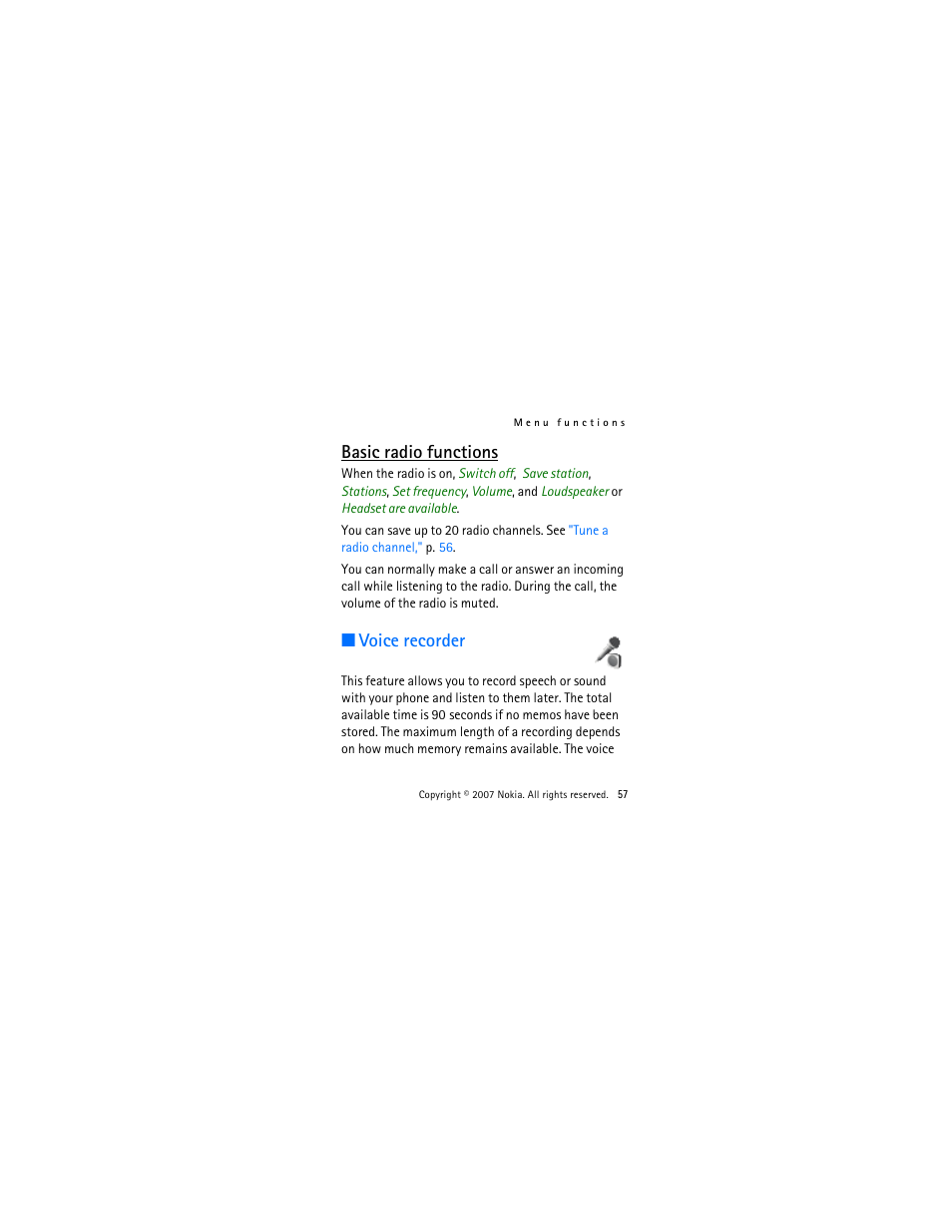 Basic radio functions, Voice recorder | Nokia 2505 User Manual | Page 57 / 92