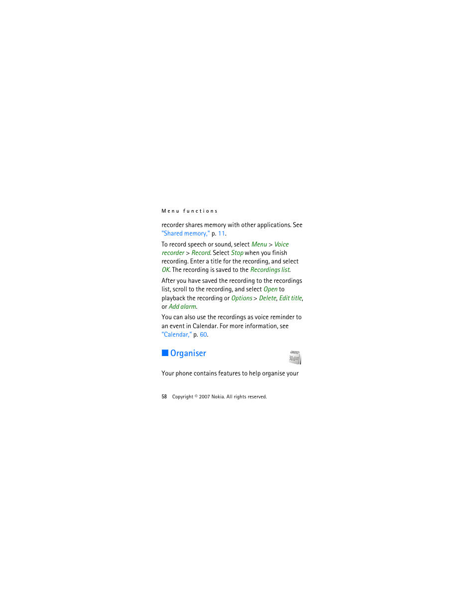 Organiser | Nokia 2505 User Manual | Page 58 / 92