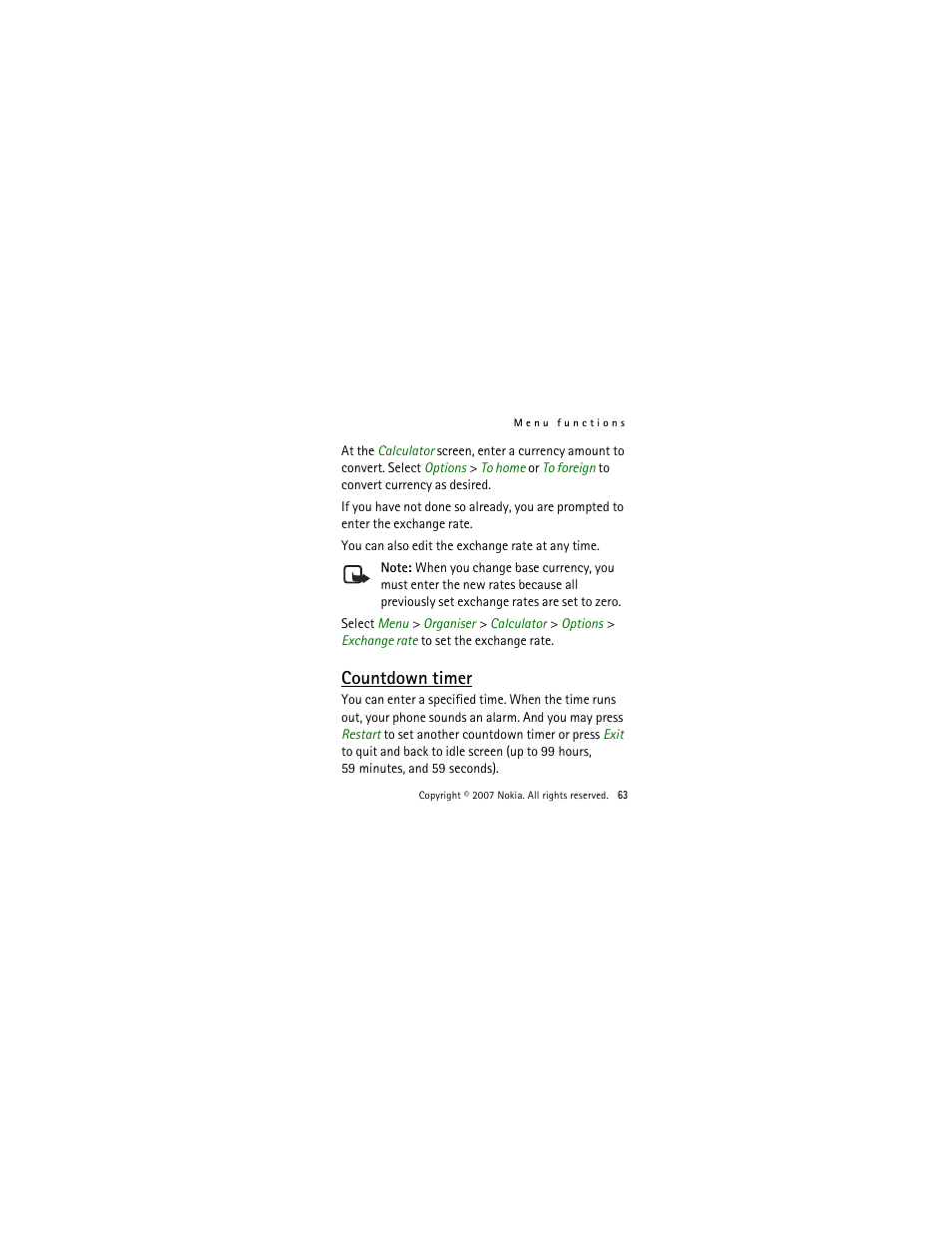 Countdown timer | Nokia 2505 User Manual | Page 63 / 92