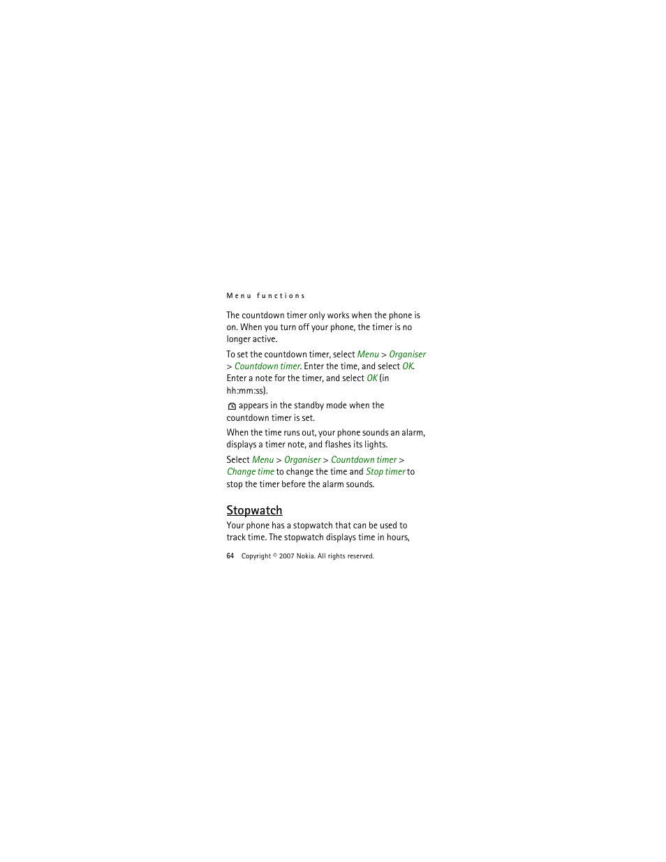 Stopwatch | Nokia 2505 User Manual | Page 64 / 92