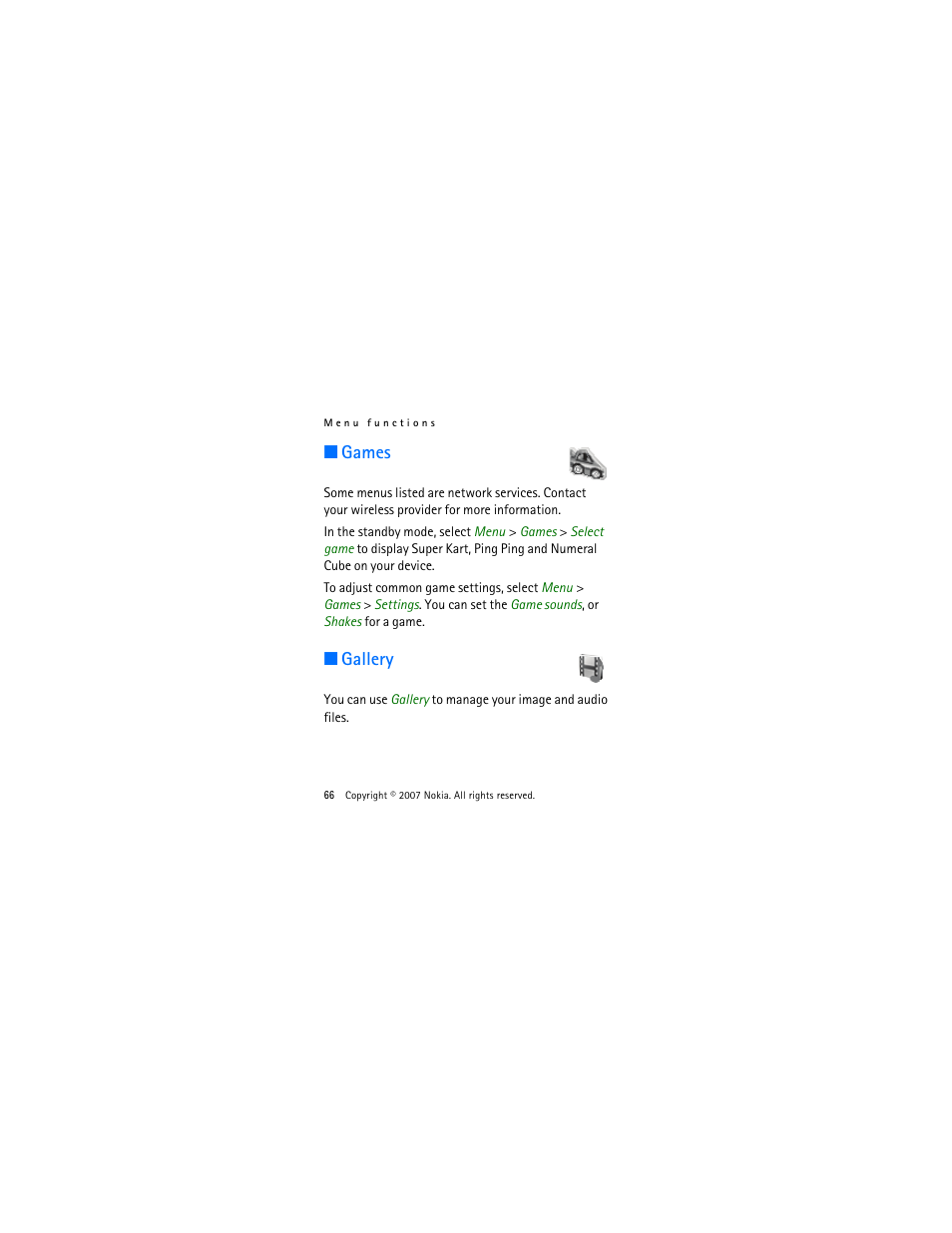 Games, Gallery, Games gallery | Nokia 2505 User Manual | Page 66 / 92