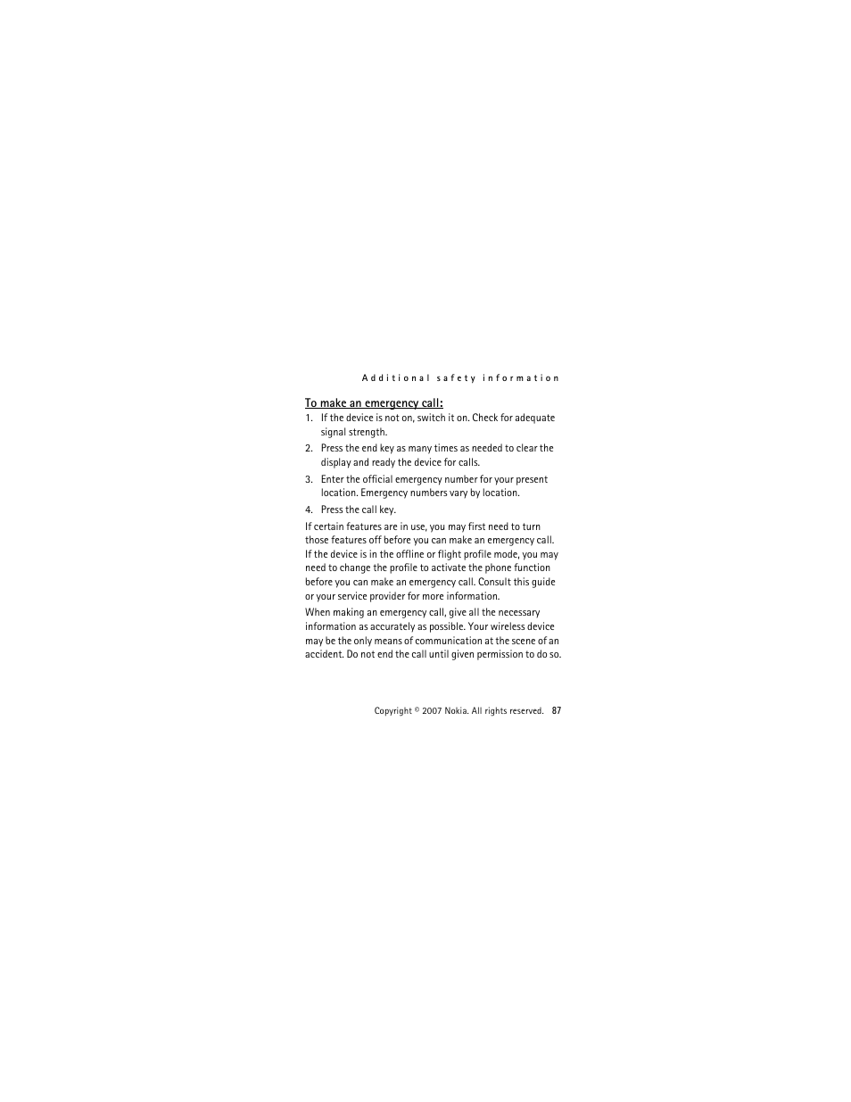 To make an emergency call | Nokia 2505 User Manual | Page 87 / 92