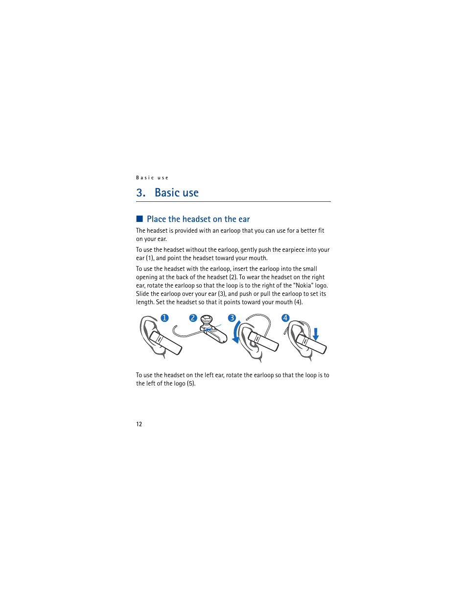 Basic use, Place the headset on the ear | Nokia BH-803 User Manual | Page 12 / 17