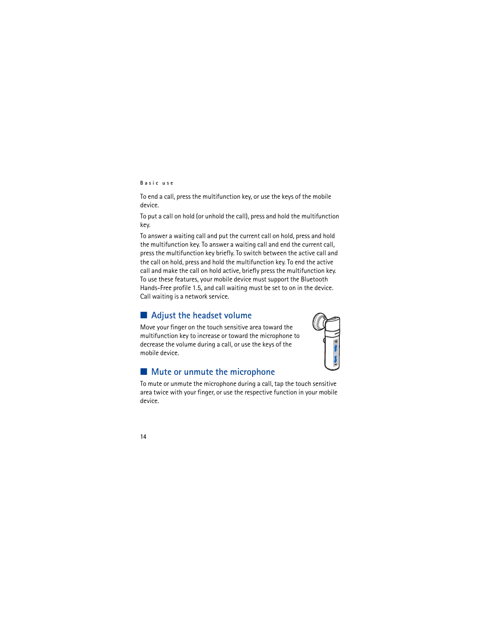 Adjust the headset volume, Mute or unmute the microphone | Nokia BH-803 User Manual | Page 14 / 17