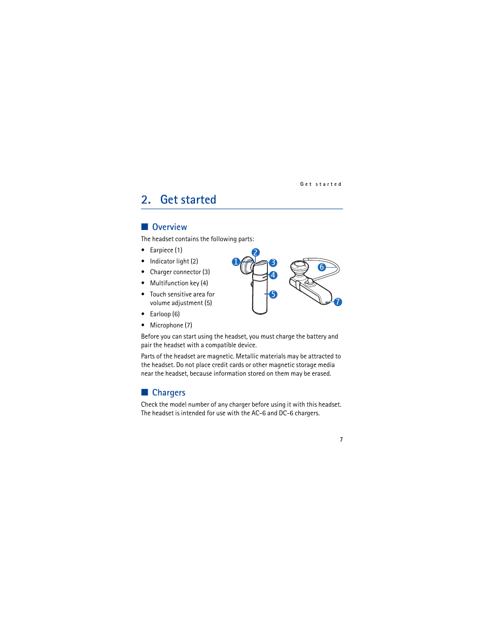 Get started, Overview, Chargers | Overview chargers | Nokia BH-803 User Manual | Page 7 / 17