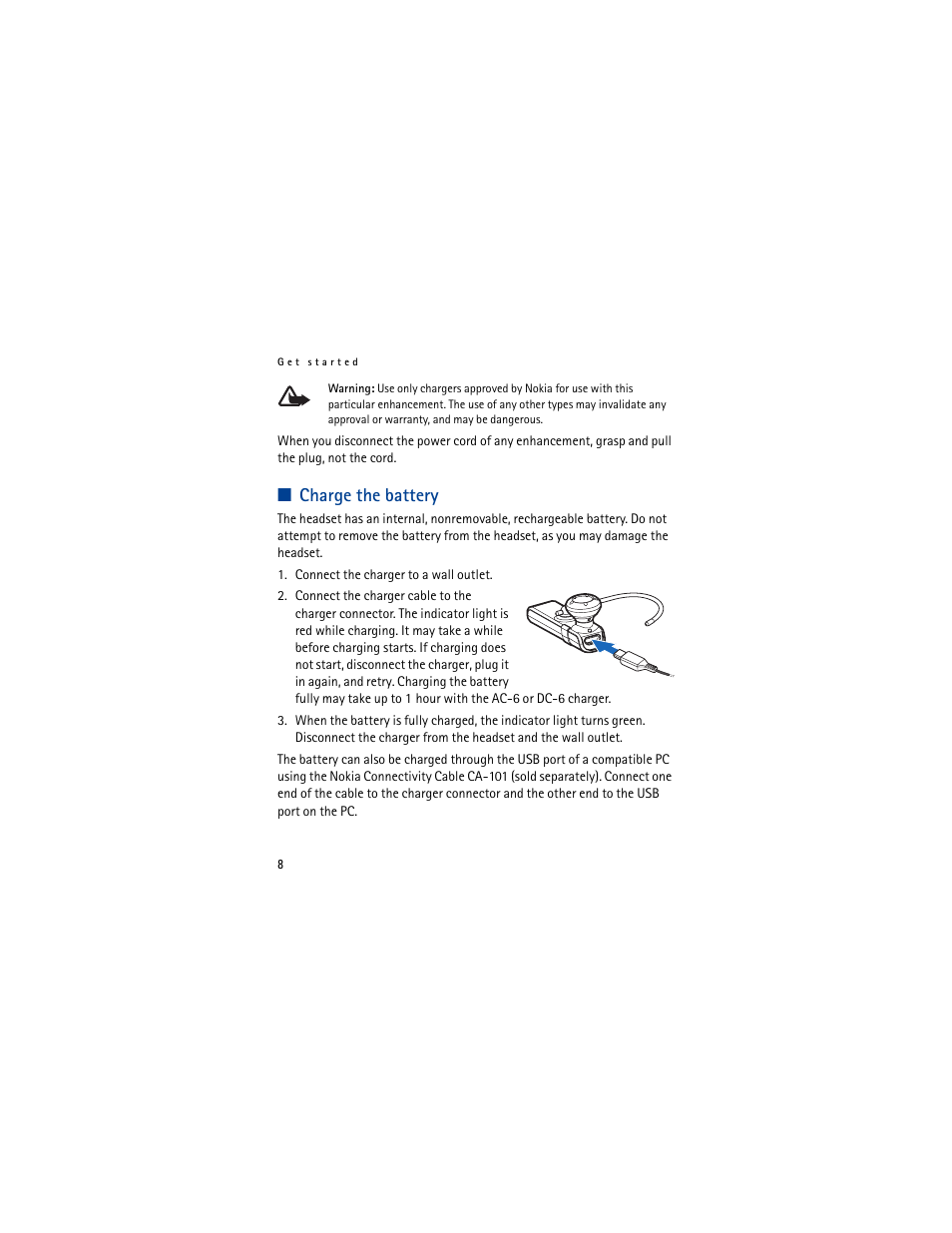 Charge the battery | Nokia BH-803 User Manual | Page 8 / 17