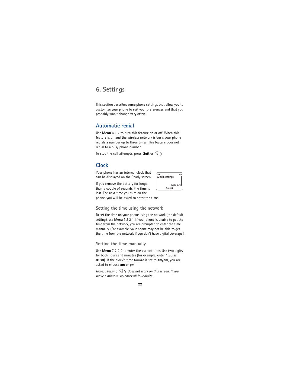 Settings, Automatic redial, Clock | Automatic redial clock | Nokia 5170 User Manual | Page 29 / 86