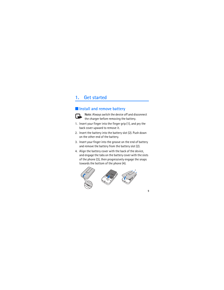 Get started, Install and remove battery | Nokia 1606 9207732 User Manual | Page 10 / 81