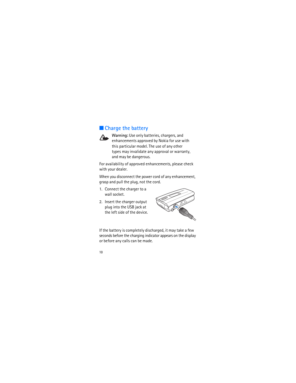 Charge the battery | Nokia 1606 9207732 User Manual | Page 11 / 81
