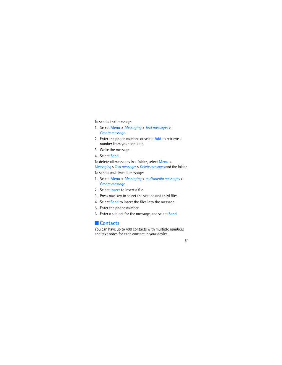 Contacts | Nokia 1606 9207732 User Manual | Page 18 / 81