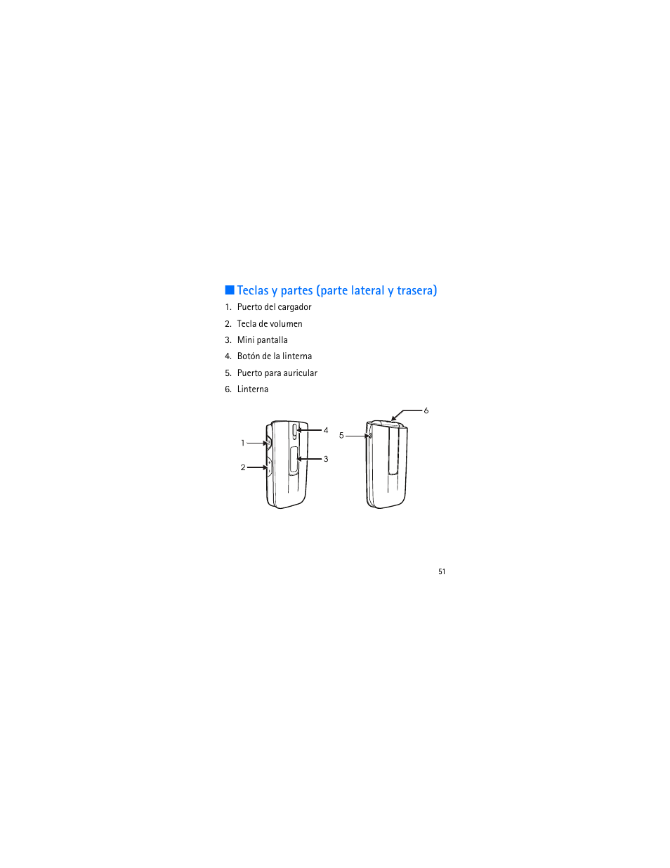 Teclas y partes (parte lateral y trasera) | Nokia 1606 9207732 User Manual | Page 52 / 81