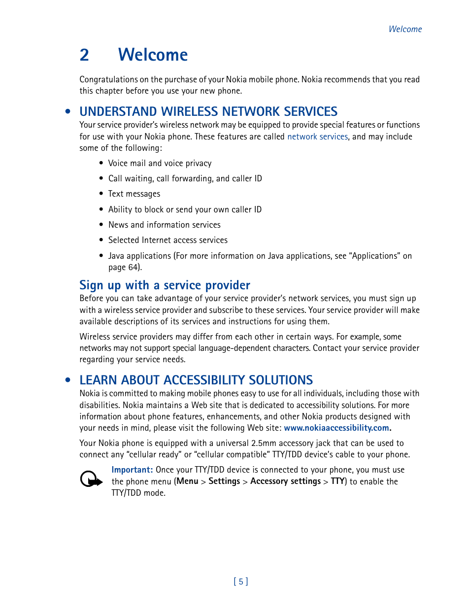 2 welcome, Understand wireless network services, Learn about accessibility solutions | 2welcome, Sign up with a service provider | Nokia 2270 User Manual | Page 10 / 201