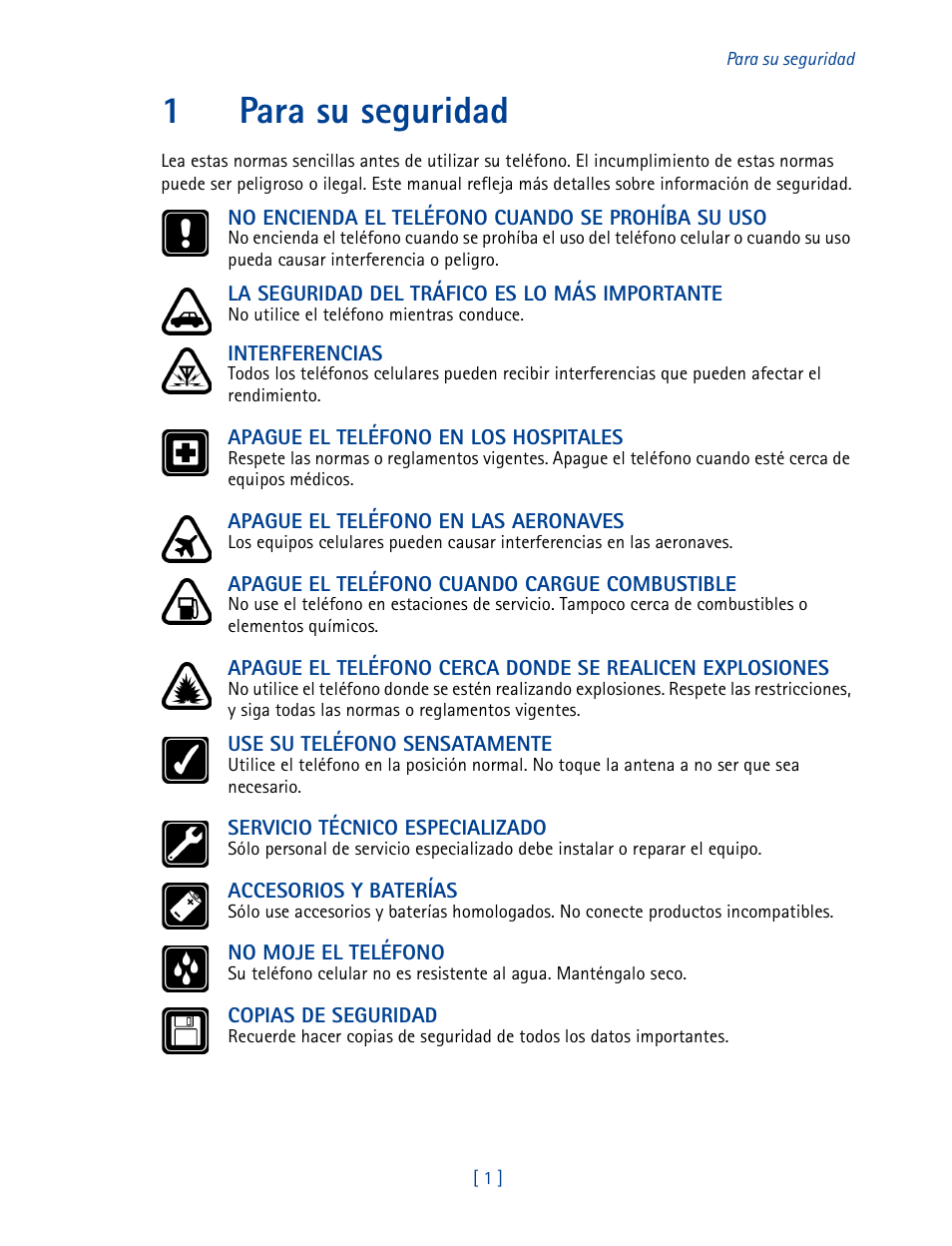 1 para su seguridad, 1para su seguridad | Nokia 2270 User Manual | Page 106 / 201