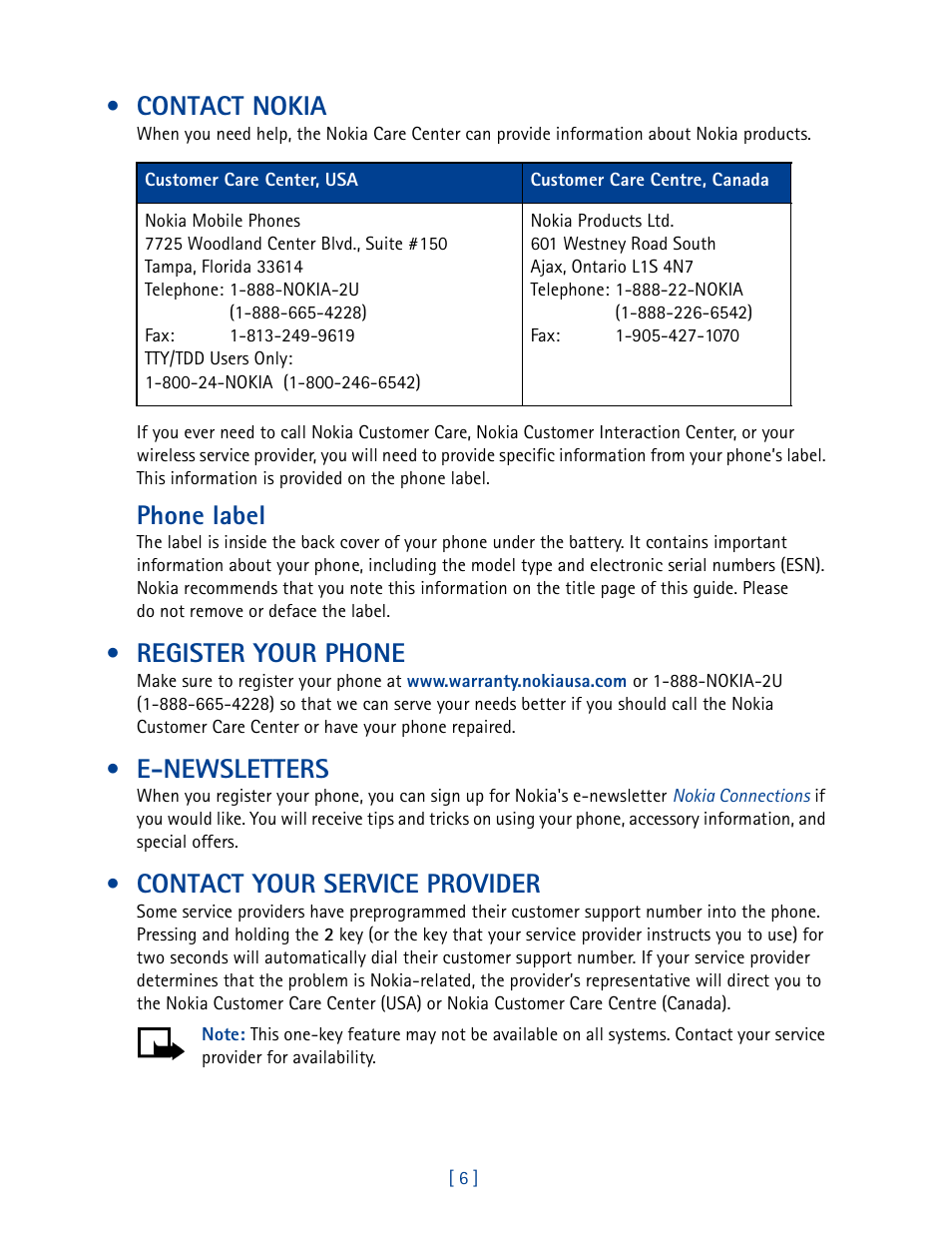 Contact nokia, Register your phone, E-newsletters | Contact your service provider, Phone label | Nokia 2270 User Manual | Page 11 / 201