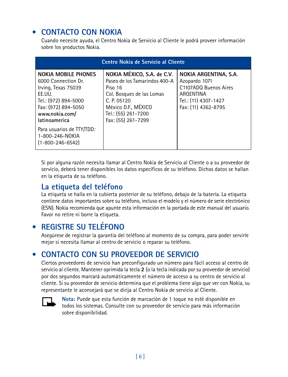 Contacto con nokia, Registre su teléfono, Contacto con su proveedor de servicio | La etiqueta del teléfono | Nokia 2270 User Manual | Page 111 / 201