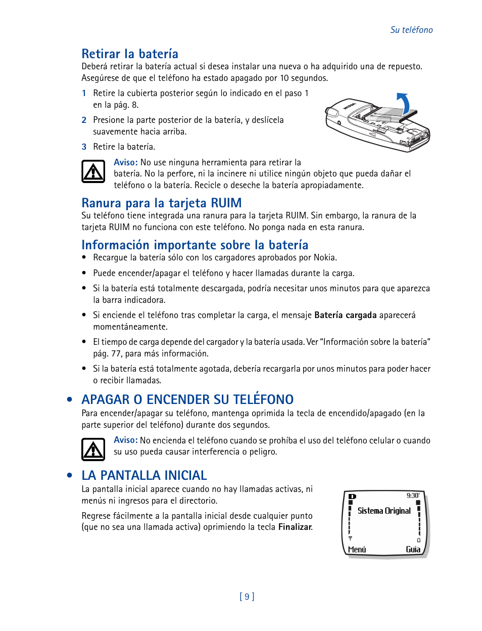 Apagar o encender su teléfono, La pantalla inicial, Retirar la batería | Ranura para la tarjeta ruim, Información importante sobre la batería | Nokia 2270 User Manual | Page 114 / 201