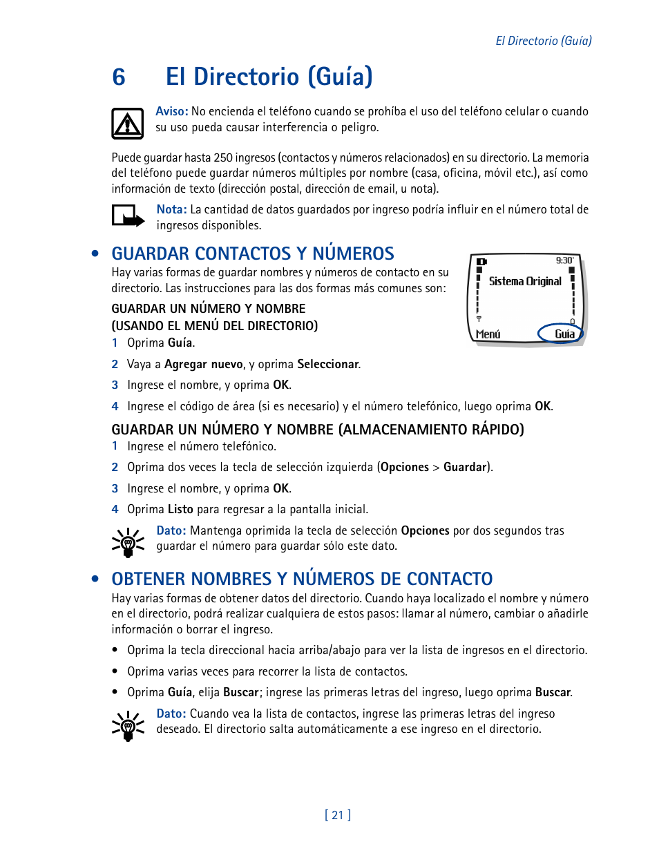 6 el directorio (guía), Guardar contactos y números, Obtener nombres y números de contacto | 6el directorio (guía) | Nokia 2270 User Manual | Page 126 / 201