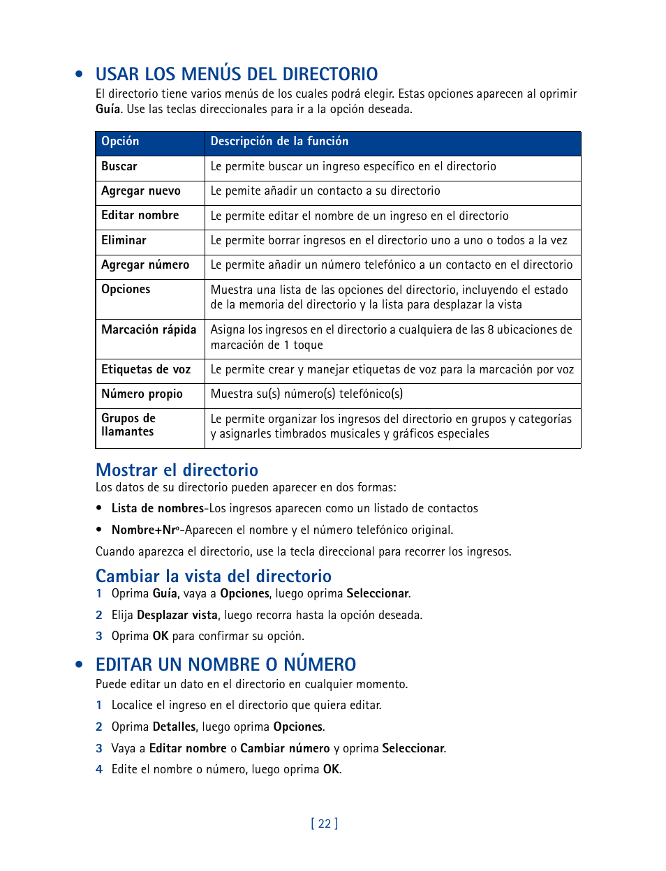 Usar los menús del directorio, Editar un nombre o número, Mostrar el directorio | Cambiar la vista del directorio | Nokia 2270 User Manual | Page 127 / 201