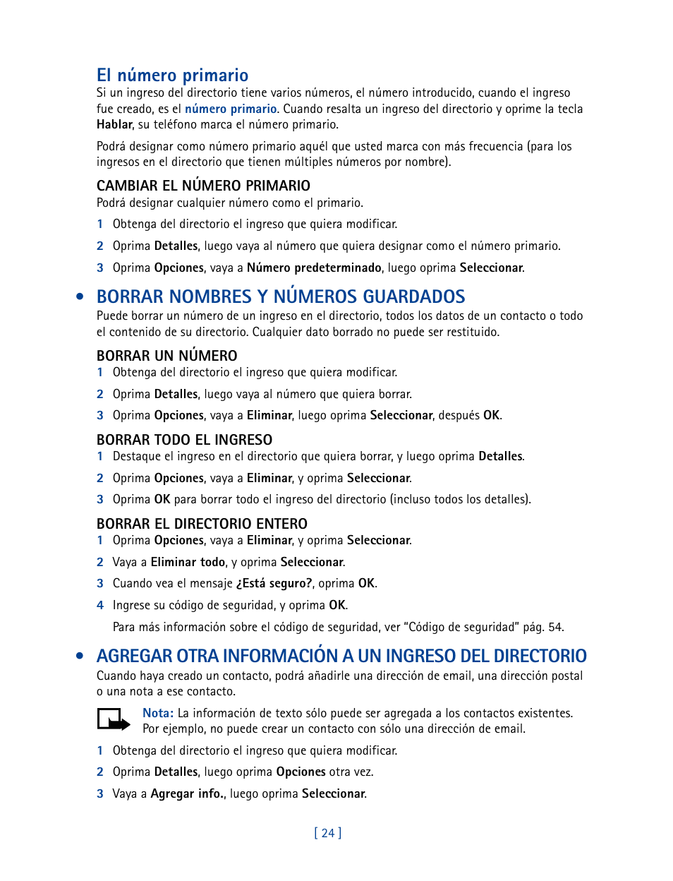 Borrar nombres y números guardados, El número primario | Nokia 2270 User Manual | Page 129 / 201