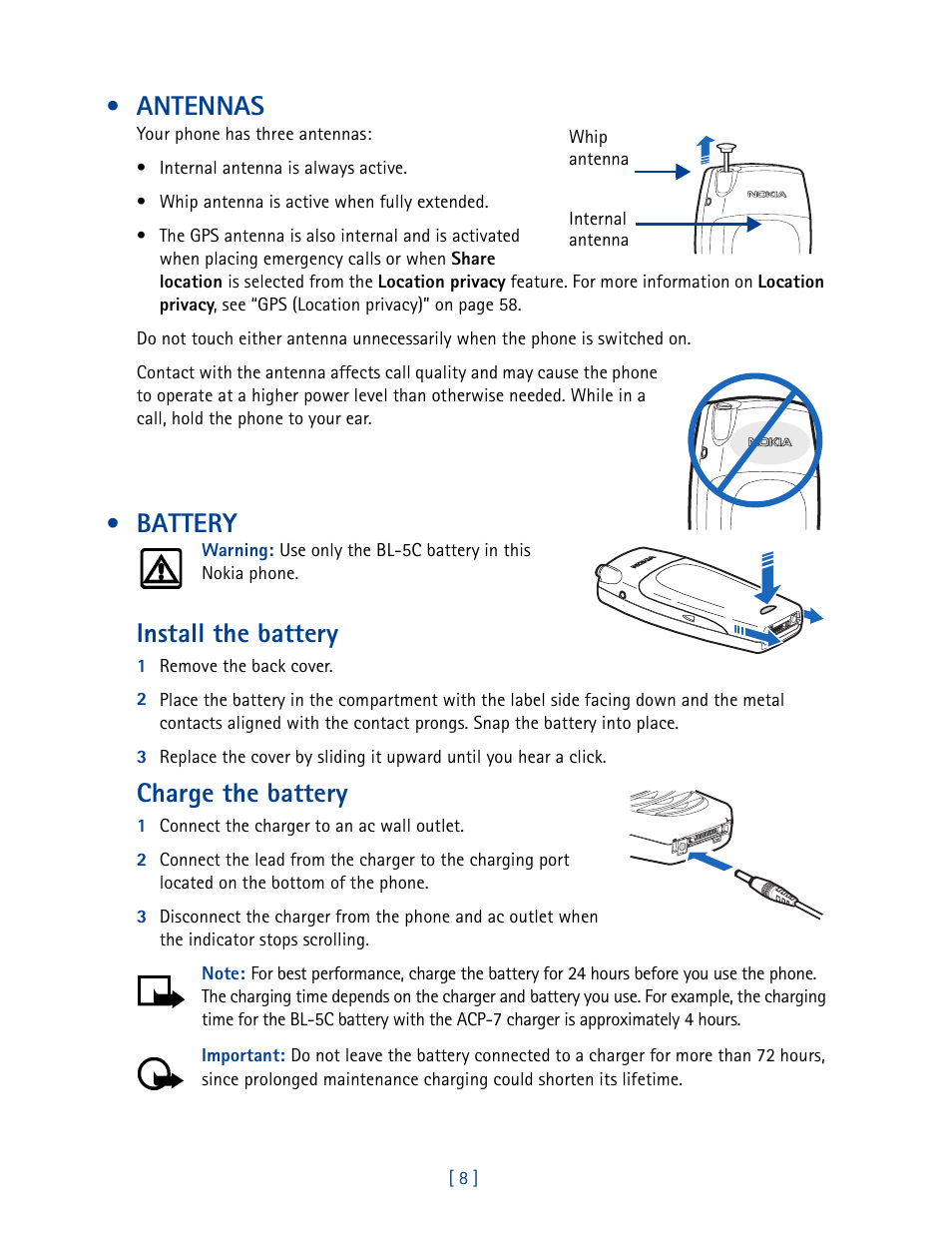 Antennas, Battery, Install the battery | Charge the battery | Nokia 2270 User Manual | Page 13 / 201