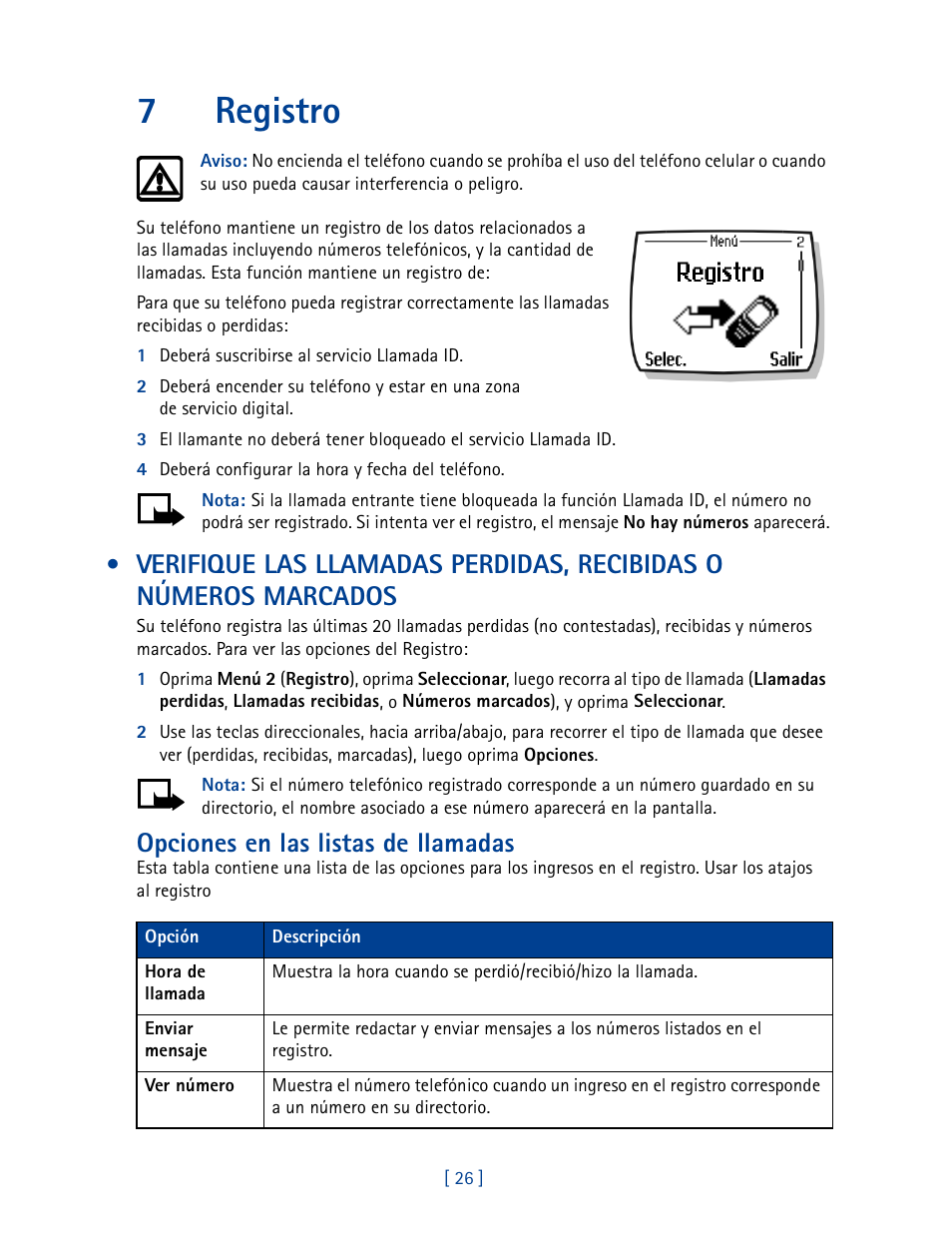 7 registro, 7registro, Opciones en las listas de llamadas | Nokia 2270 User Manual | Page 131 / 201