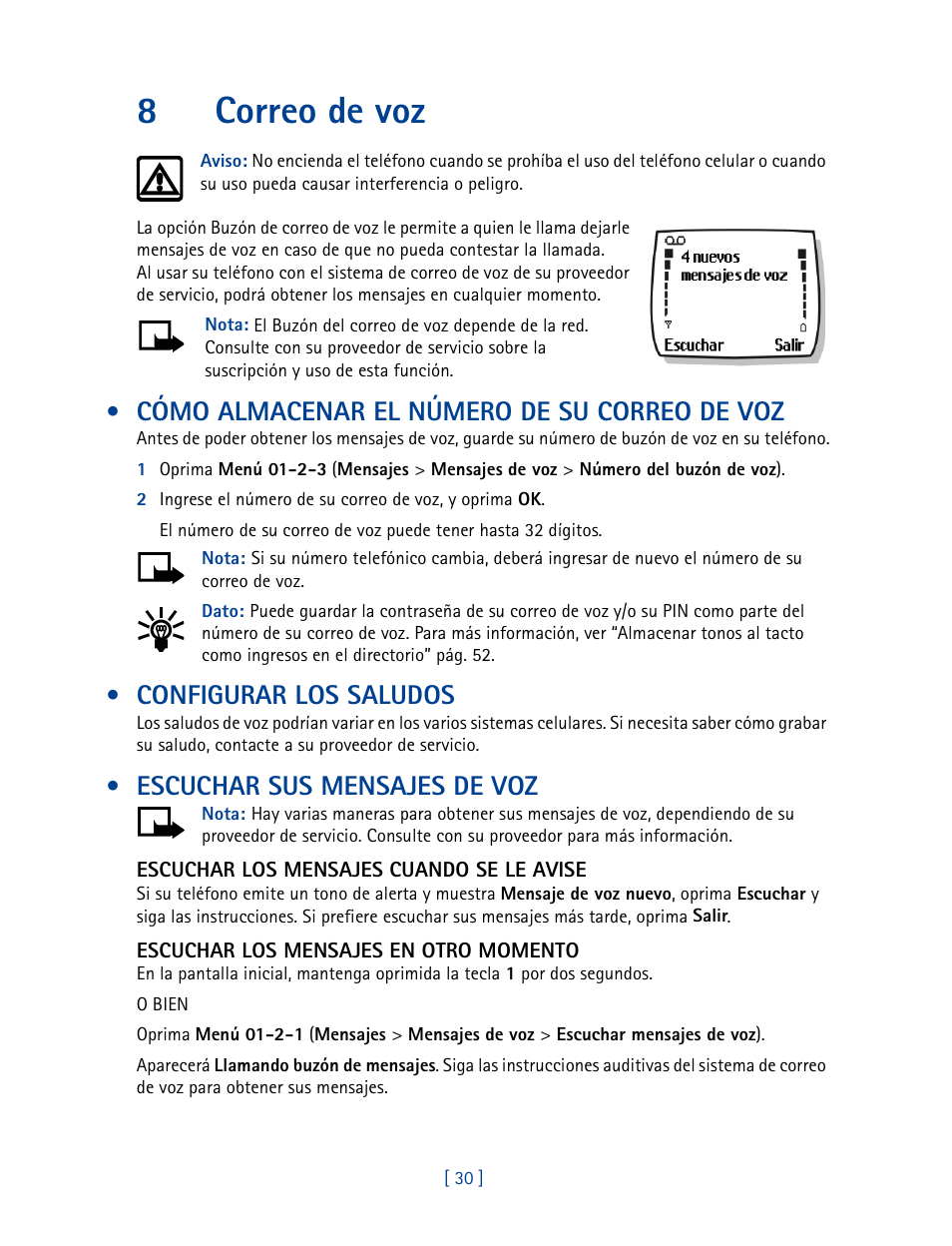 8 correo de voz, Cómo almacenar el número de su correo de voz, Configurar los saludos | Escuchar sus mensajes de voz, 8correo de voz | Nokia 2270 User Manual | Page 135 / 201