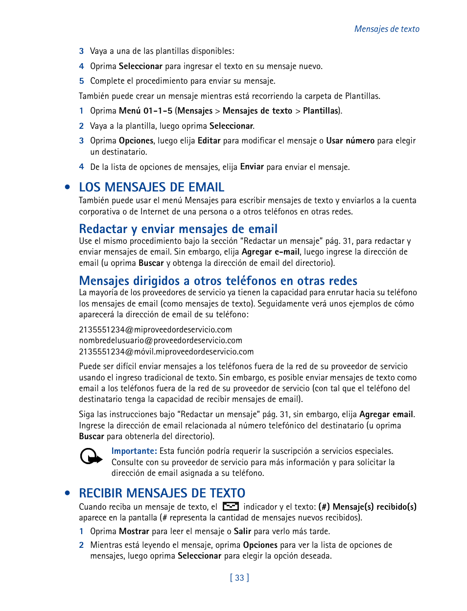 Los mensajes de email, Recibir mensajes de texto, Redactar y enviar mensajes de email | Nokia 2270 User Manual | Page 138 / 201