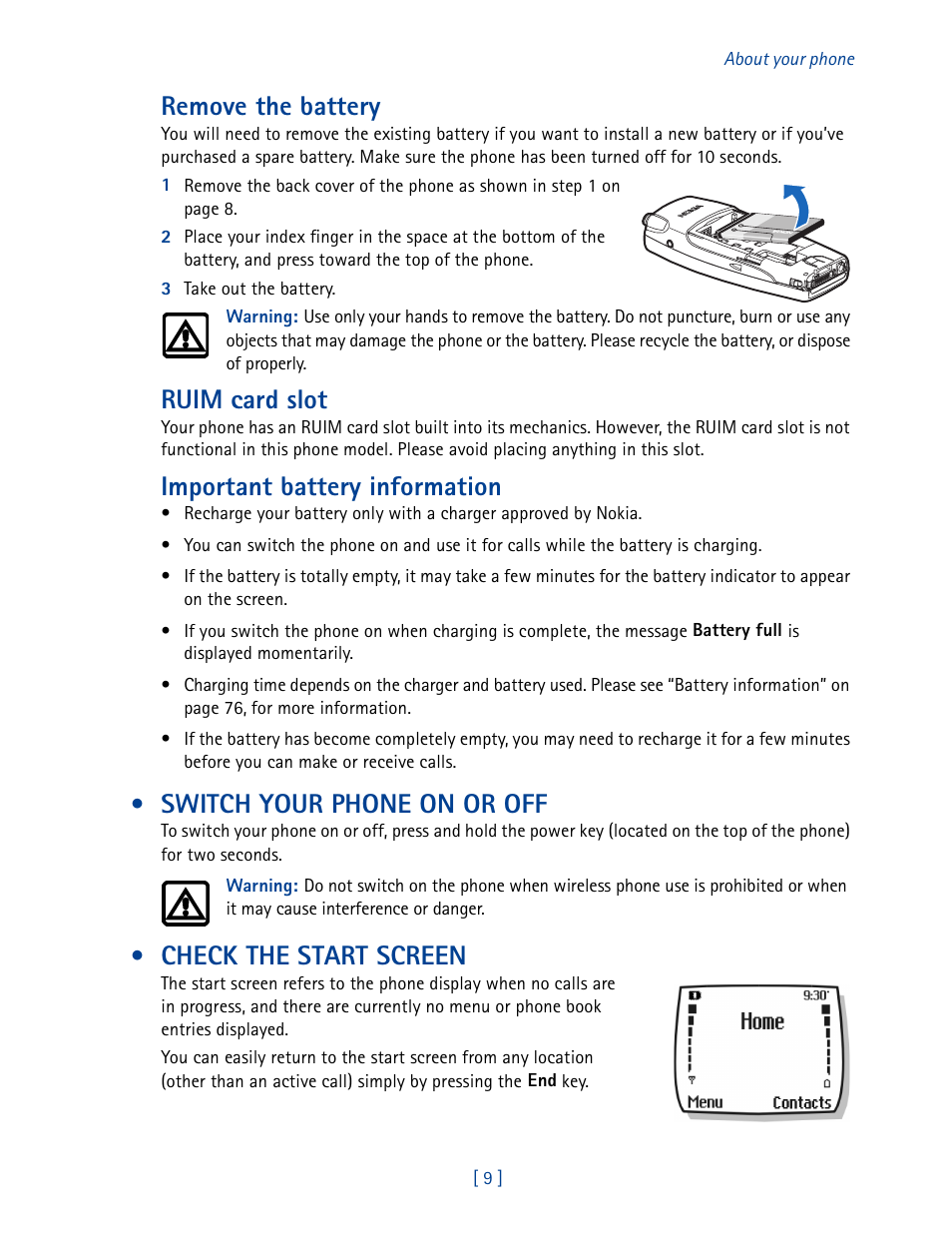 Switch your phone on or off, Check the start screen, Remove the battery | Ruim card slot, Important battery information | Nokia 2270 User Manual | Page 14 / 201