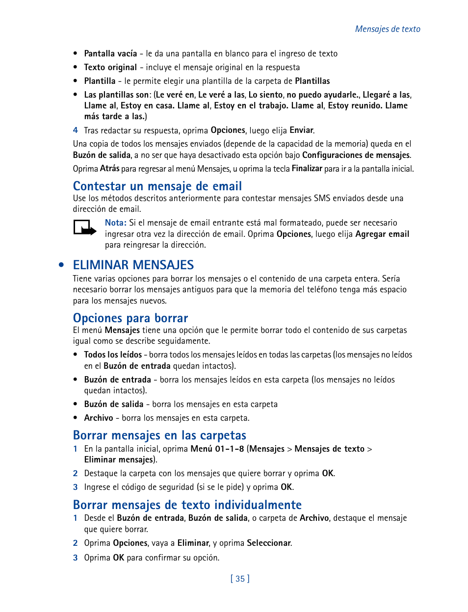 Eliminar mensajes, Contestar un mensaje de email, Opciones para borrar | Borrar mensajes en las carpetas, Borrar mensajes de texto individualmente | Nokia 2270 User Manual | Page 140 / 201